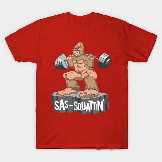 Sas-Squattin' Funny Weightlifting Bigfoot Sasquatch T-Shirt by ScottsRed